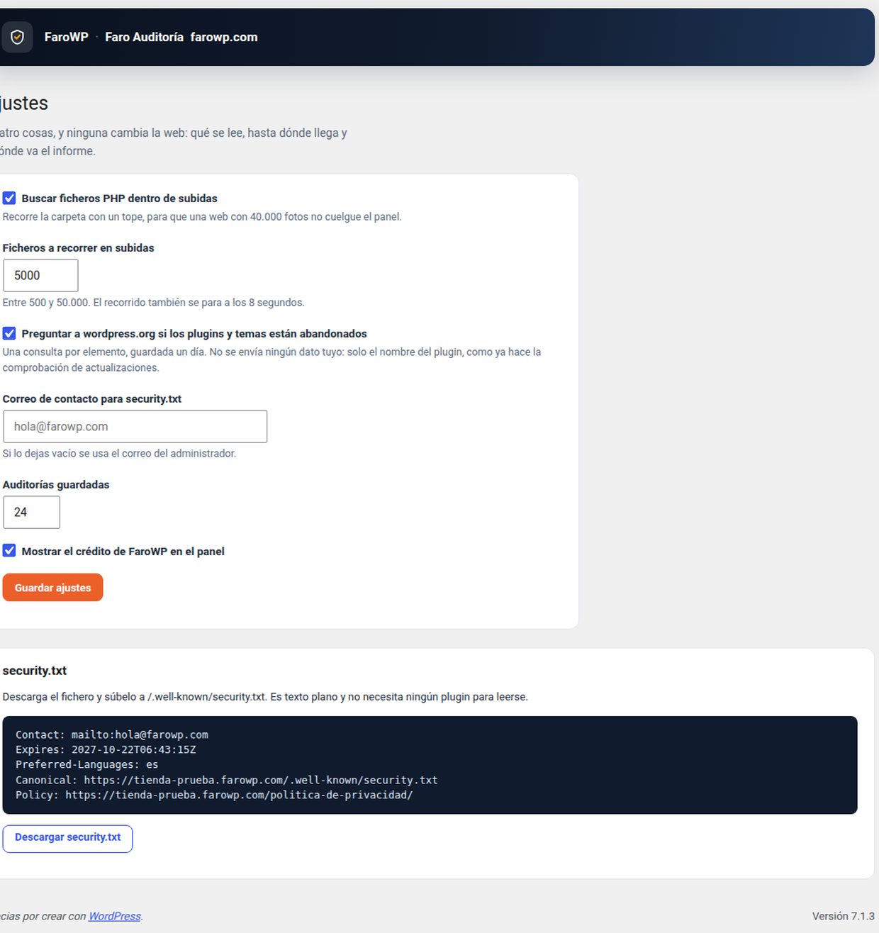 Los ajustes del plugin: límite de ficheros en uploads y opciones de la auditoría