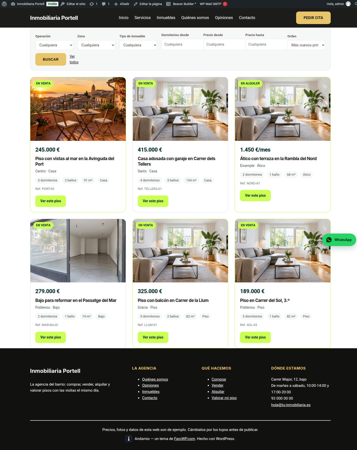 La rejilla de inmuebles en la web, con su barra de filtros por operación, zona, tipo y precio