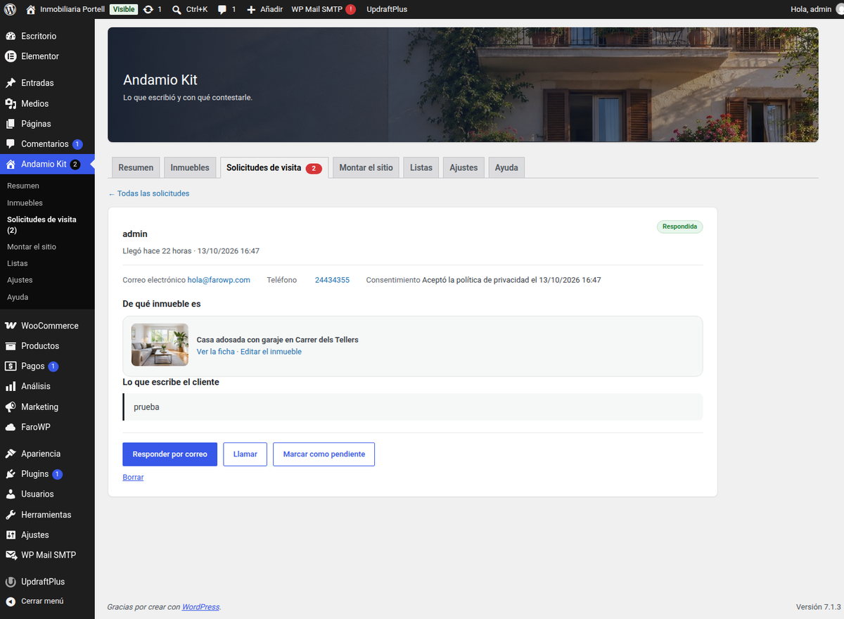 La pantalla de solicitudes de visita, con las peticiones recibidas y la marca de contestada