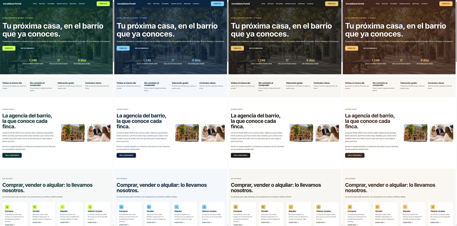 La misma portada en cuatro paletas: lima y verde, azul puerto, terracota y oro y negro