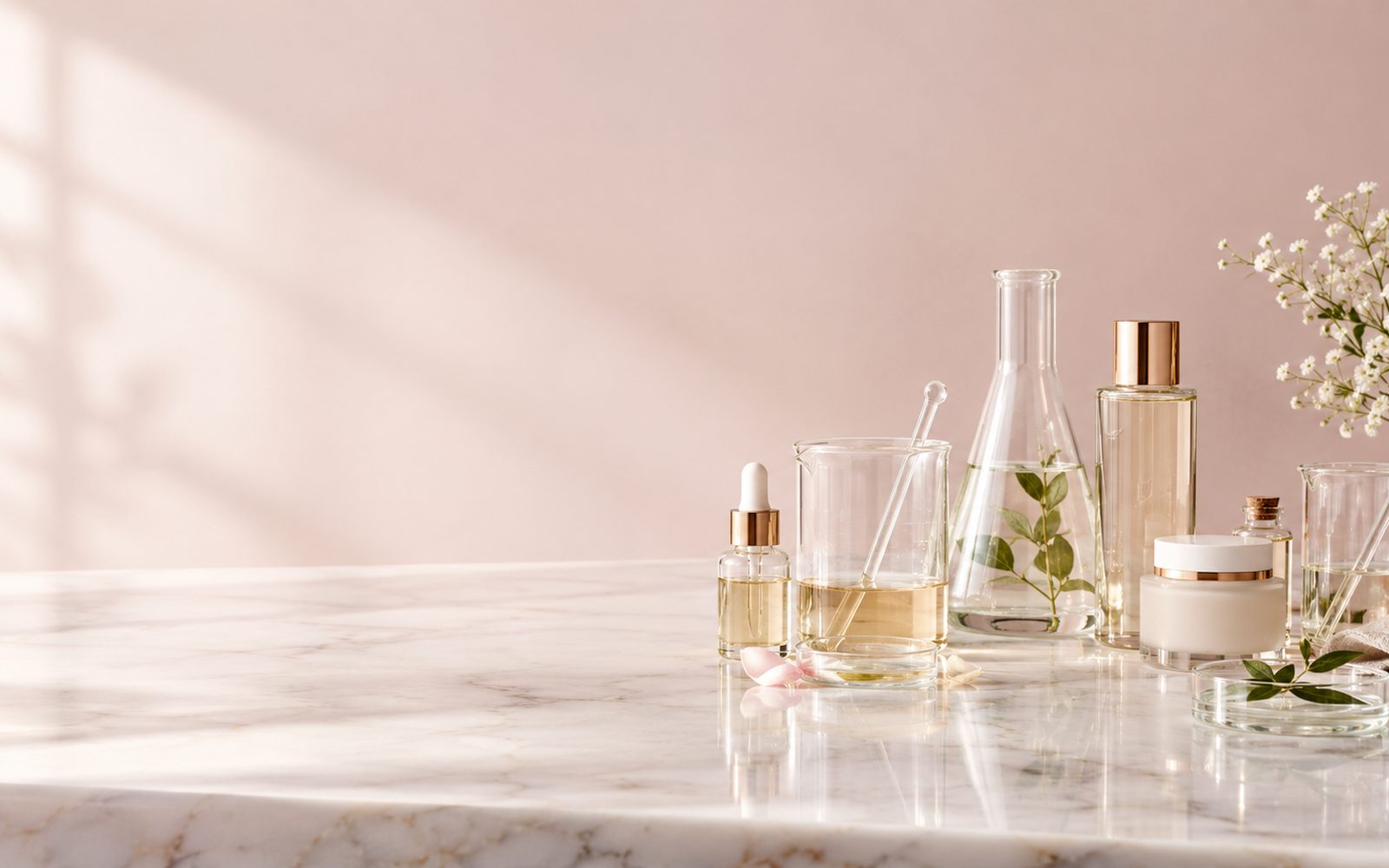Una mesa de cosmética limpia con frascos de vidrio