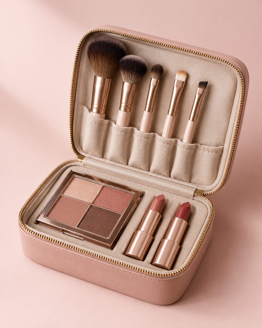 Un estuche de maquillaje abierto con brochas y una paleta pequeña
