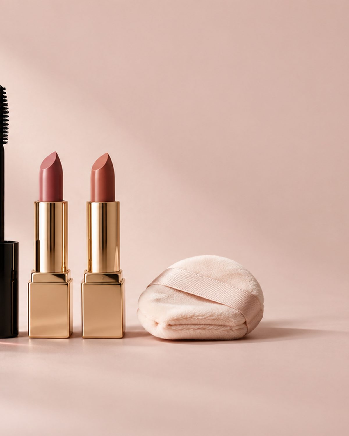 Una mesa de belleza con brochas, cremas y un espejo