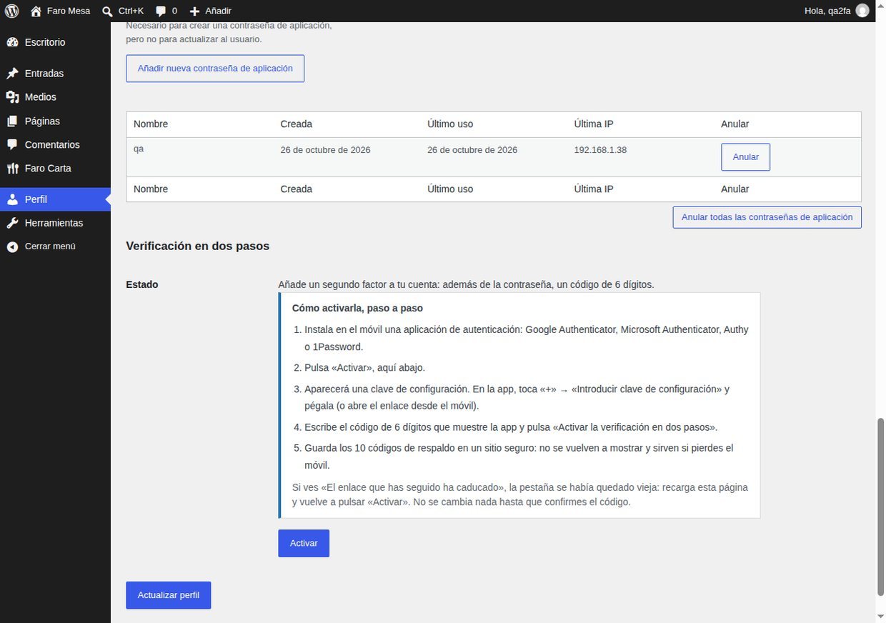 El bloque de verificación en dos pasos en el perfil, con los cinco pasos y el botón Activar