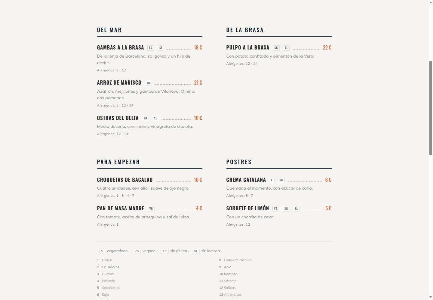 The menu on the website: two columns with the dish name, its diet labels, dotted leaders, price and allergen numbers