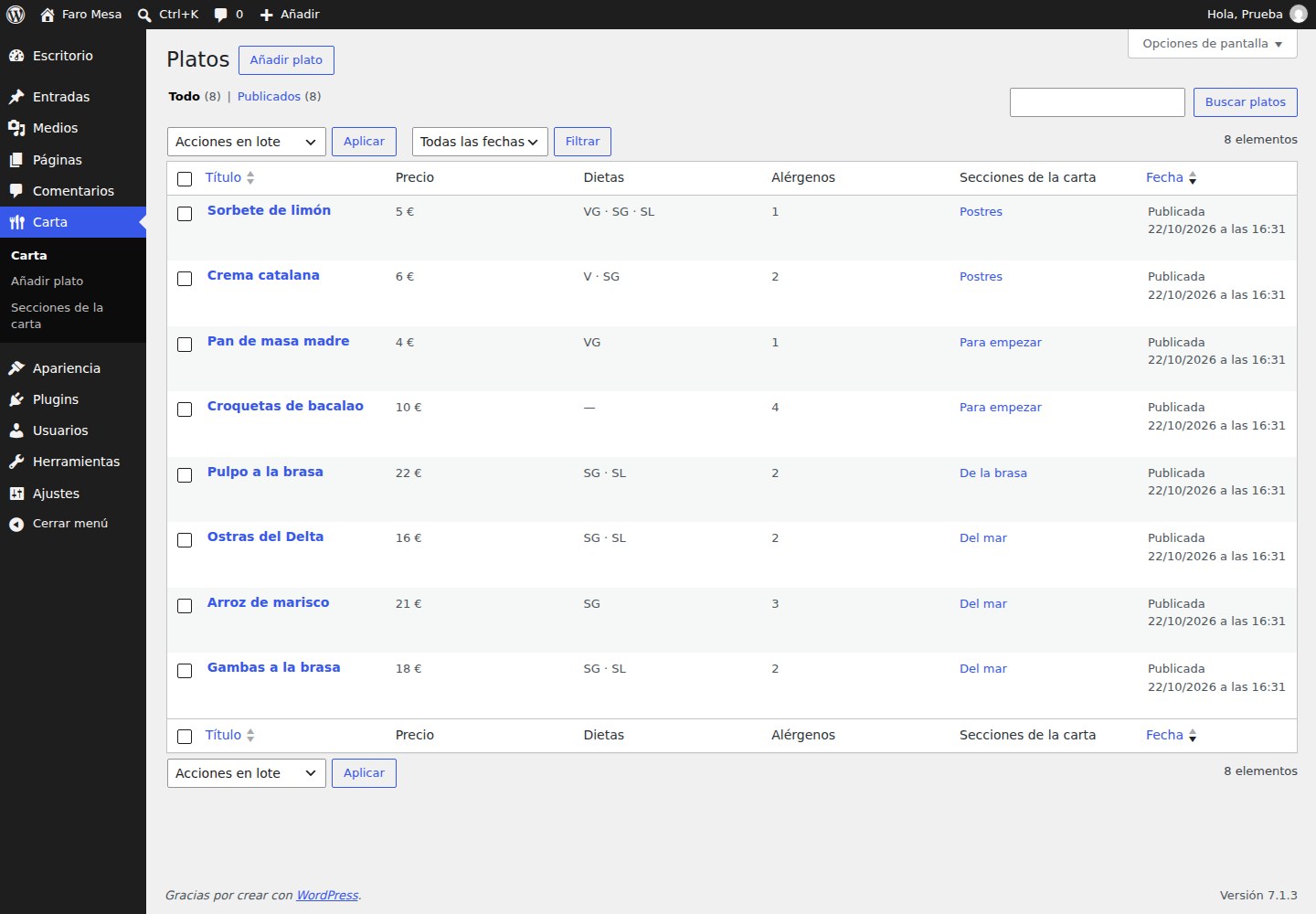 The Faro Carta dish list: price, diets, number of allergens and section for each dish