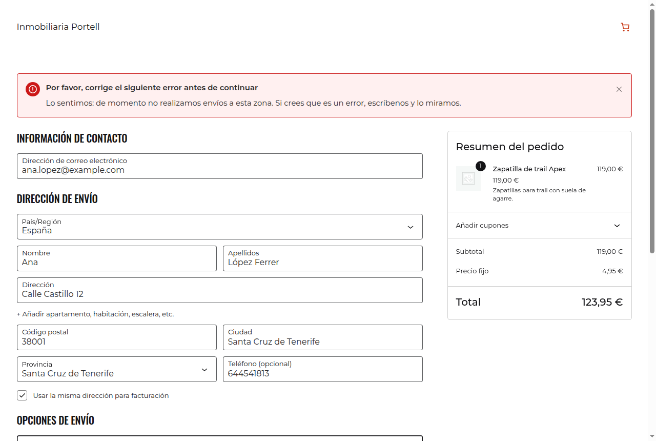Checkout con el aviso de zona sin reparto