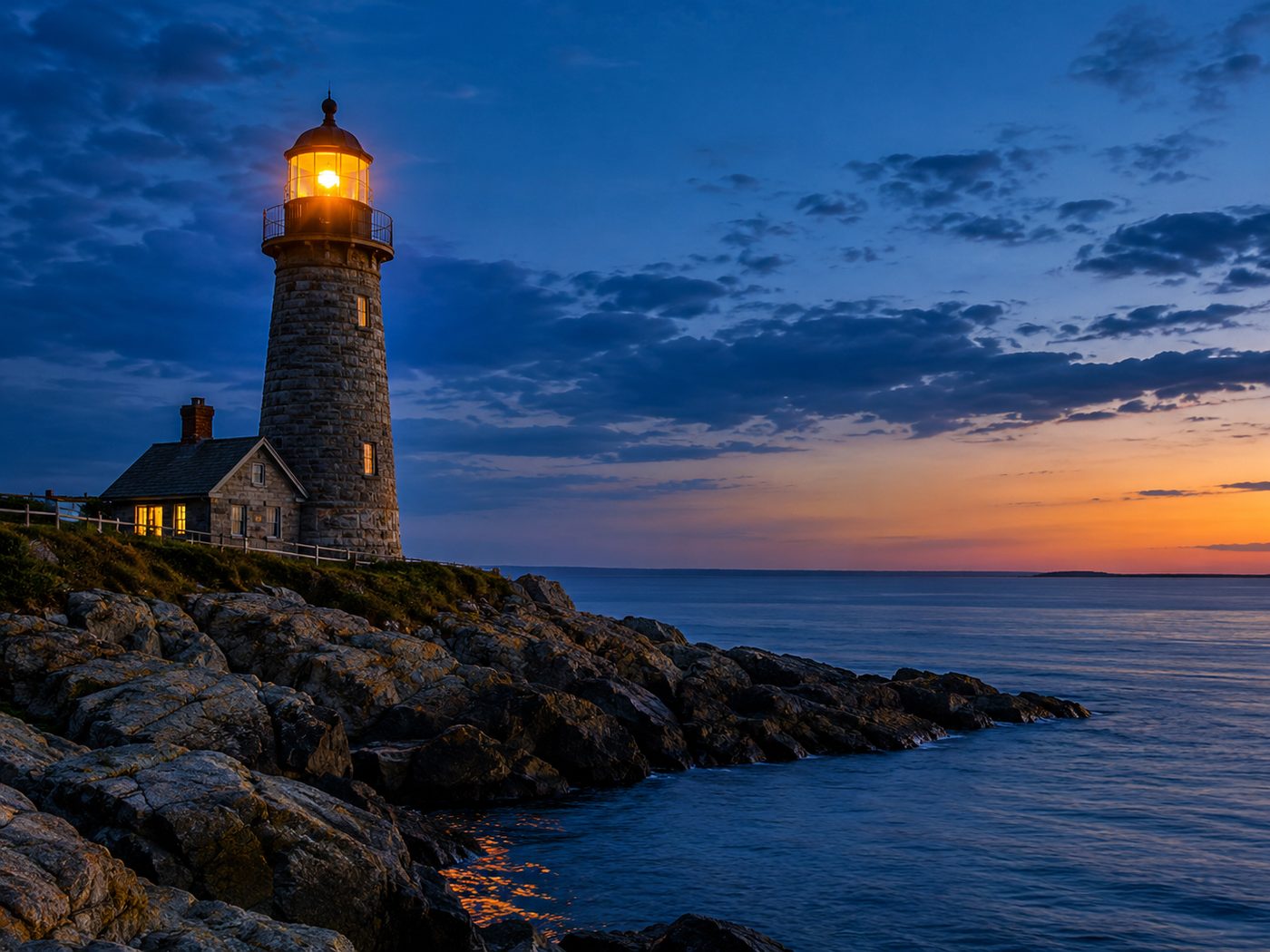 A lighthouse lit on the coast at sunset