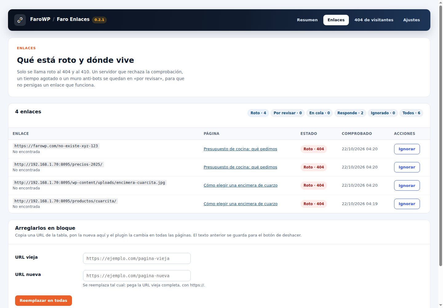 La tabla de enlaces roto, con el código 404, la página en la que viven y los botones para ignorar o volver a encolar