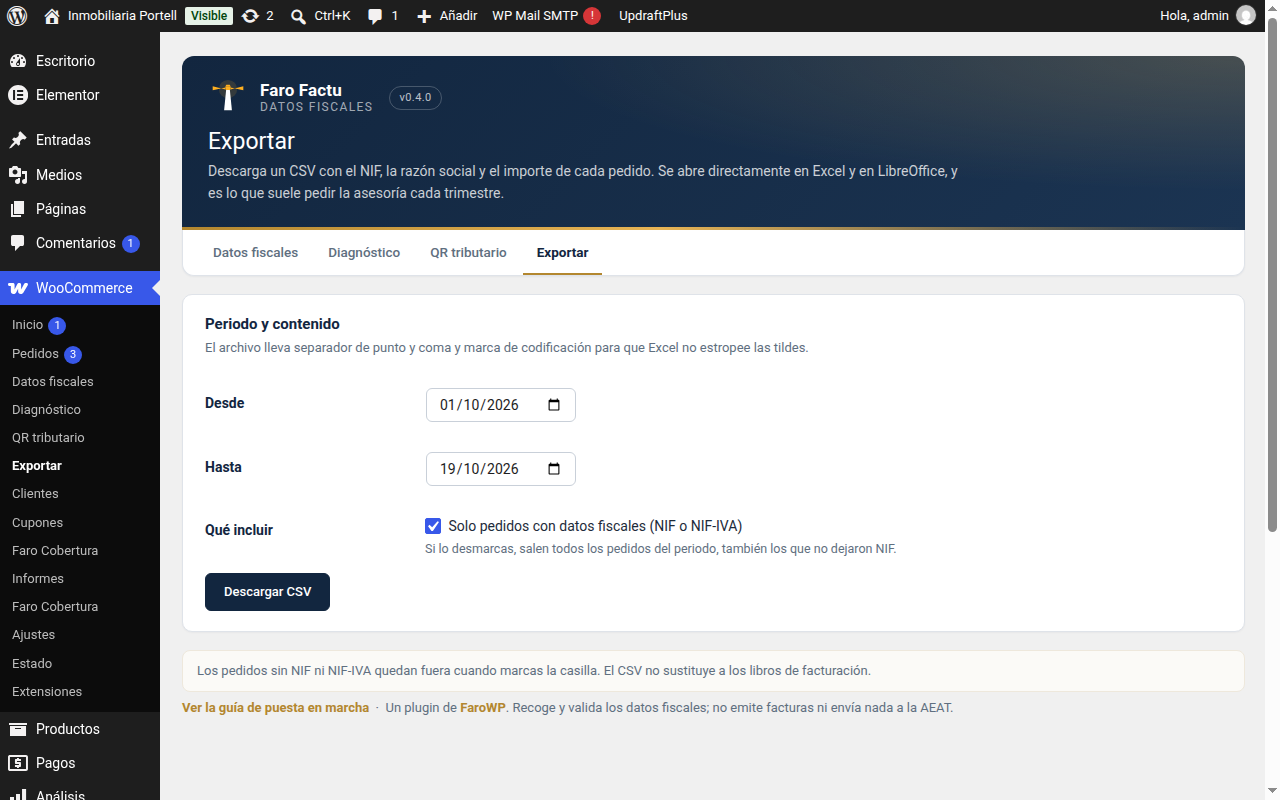 Pantalla de exportación a CSV