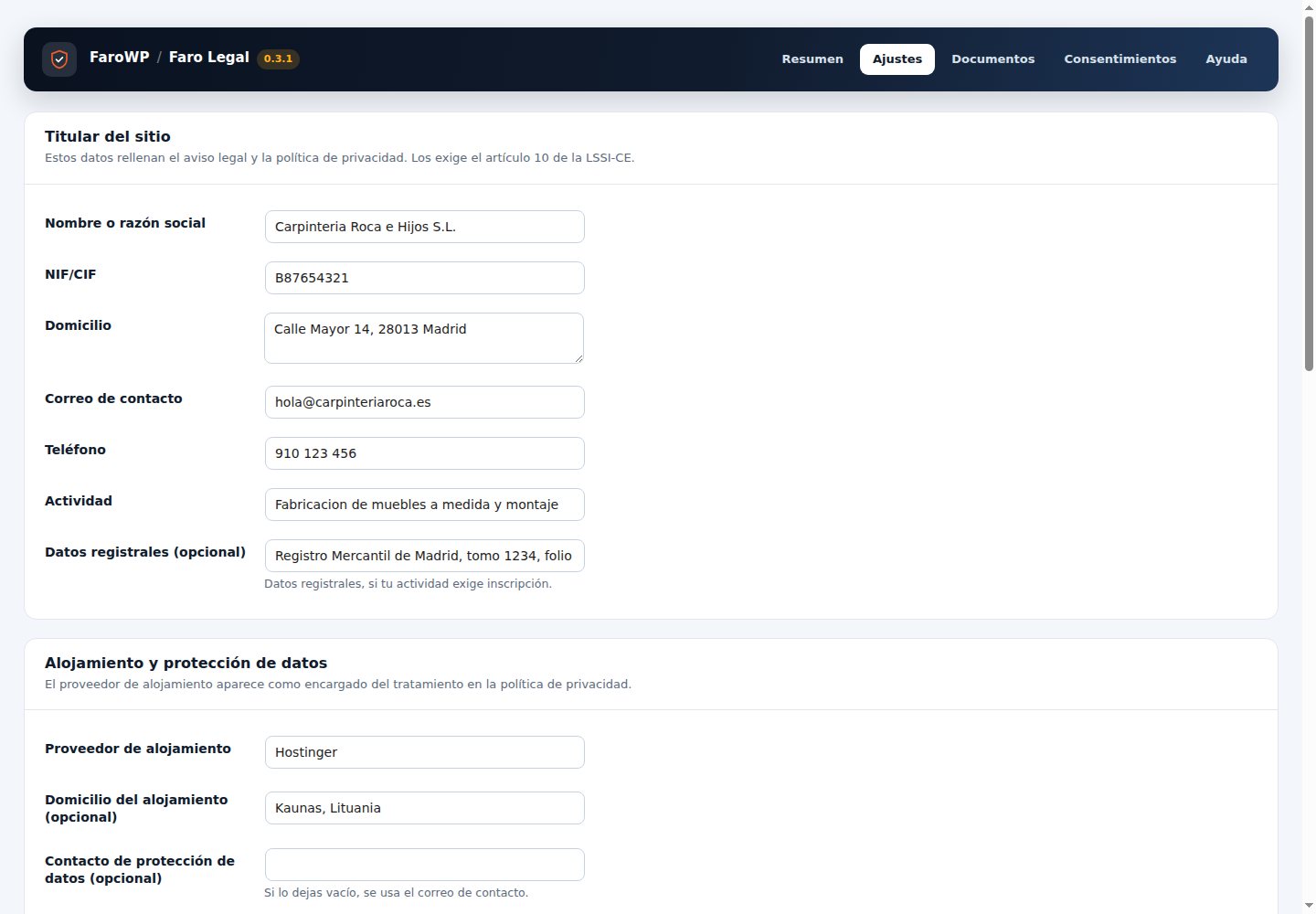 Los ajustes: titular, alojamiento, categorías de cookies, aviso, botón y enlaces del pie