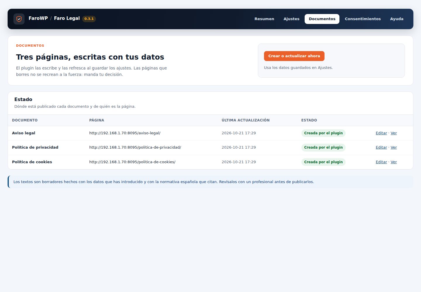 Los documentos: las tres páginas con su estado y su última actualización