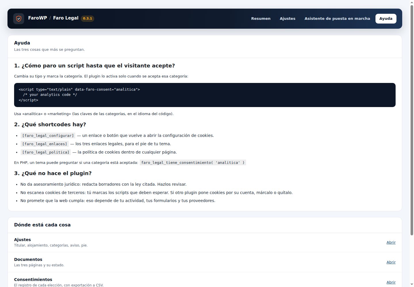 La página de ayuda, con los shortcodes, cómo retener un script y lo que el plugin no hace