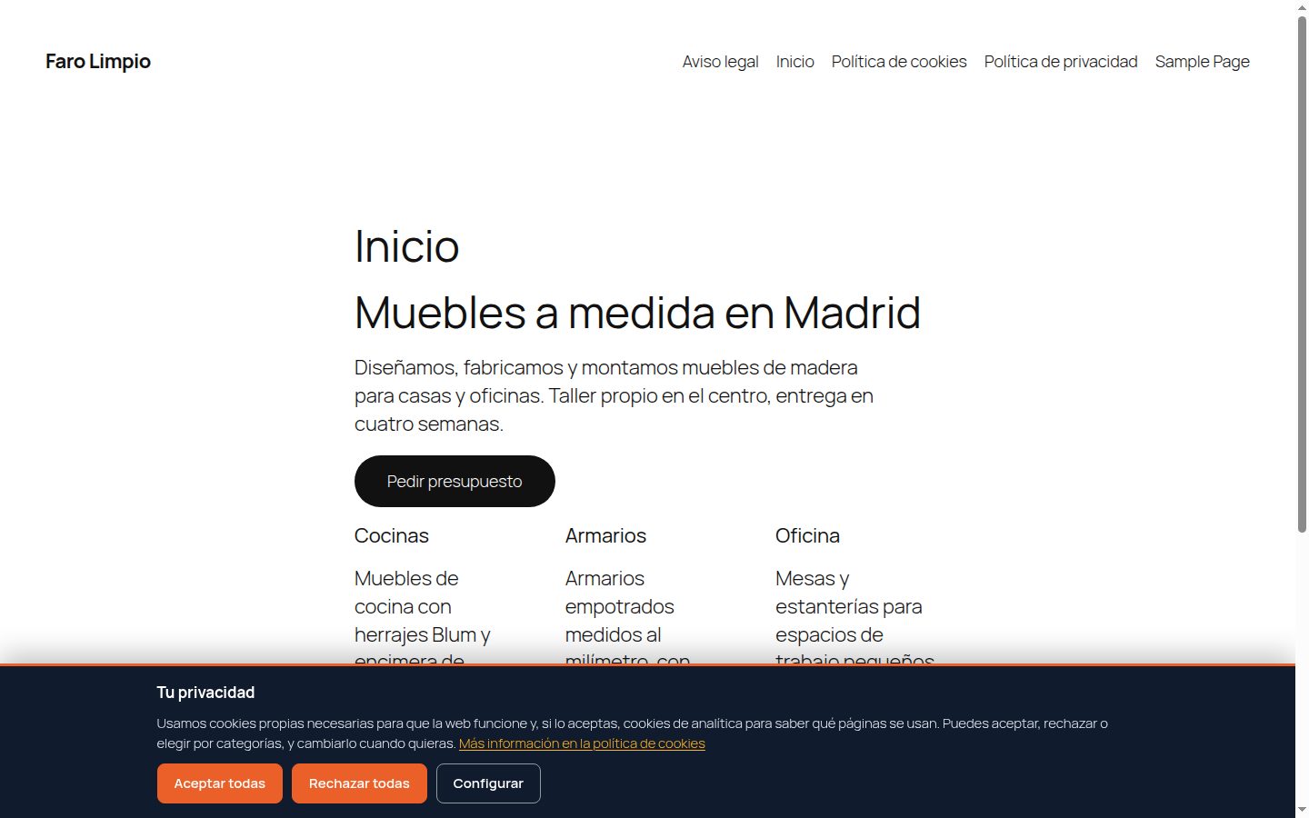El aviso de cookies en la portada de una web, con aceptar todas, rechazar todas y configurar