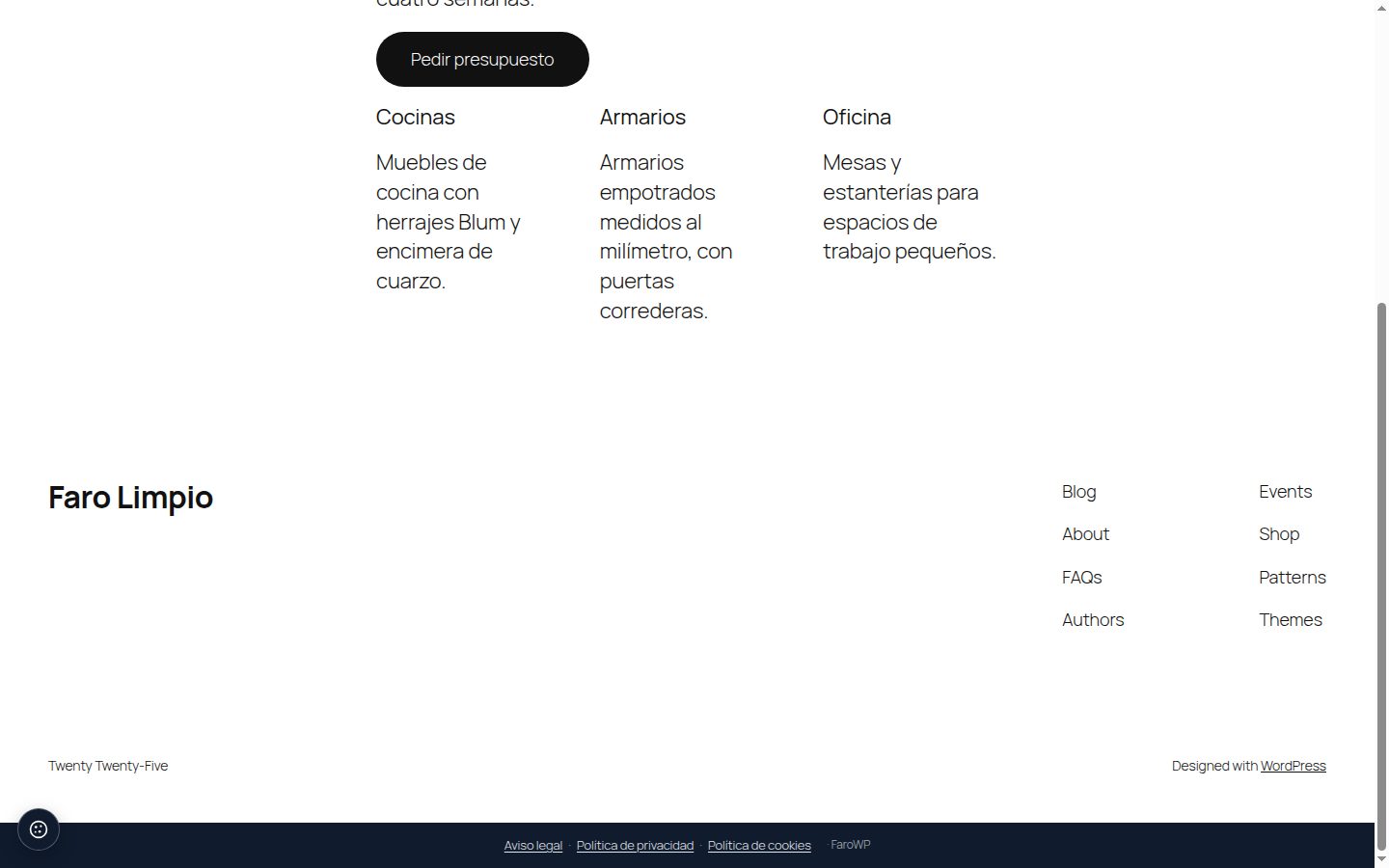 La barra del pie con los enlaces a aviso legal, política de privacidad y política de cookies