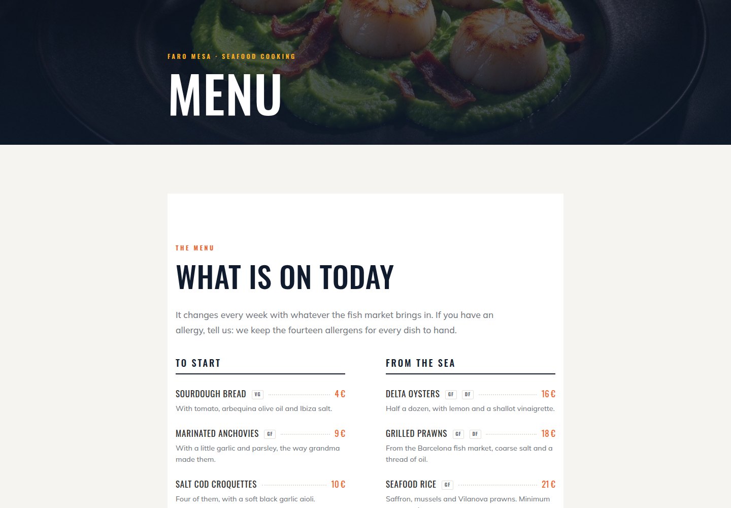 The menu page: two columns with the dish name, its diet labels, dotted leaders and the price