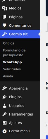 The WordPress dashboard menu with the Gremio Kit entry and its five screens
