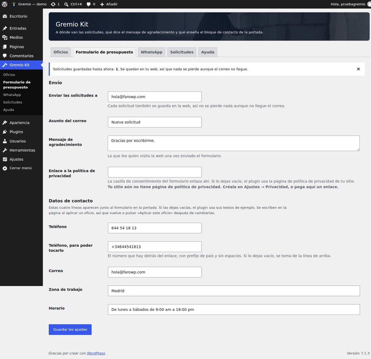 The Quote form screen: email, subject, privacy and contact details