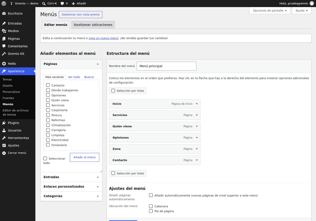 The main menu the plugin created, in the WordPress menu editor