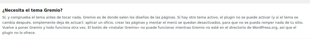 The Help section explaining that the plugin needs the Gremio theme