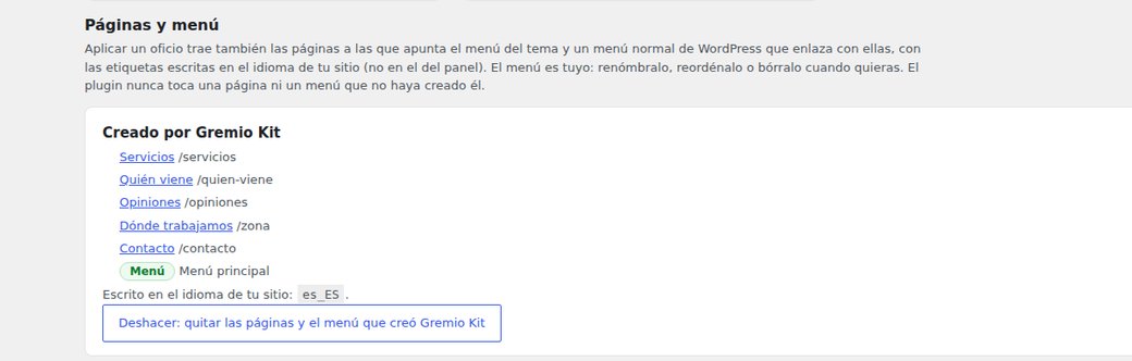 The “Created by Gremio Kit” block with the pages and the menu created and the undo button
