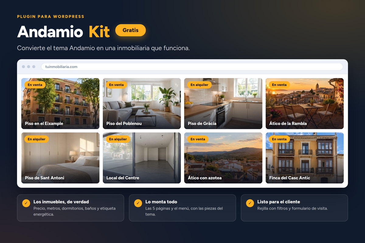 La tarjeta de Andamio Kit: la rejilla de inmuebles dentro del marco de una web