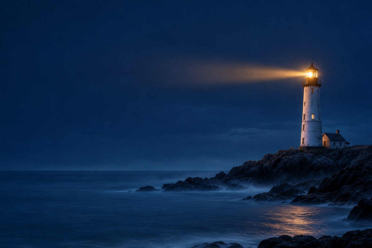 Faro Auditoría: un faro en la costa al anochecer, con el haz de luz ámbar sobre el mar
