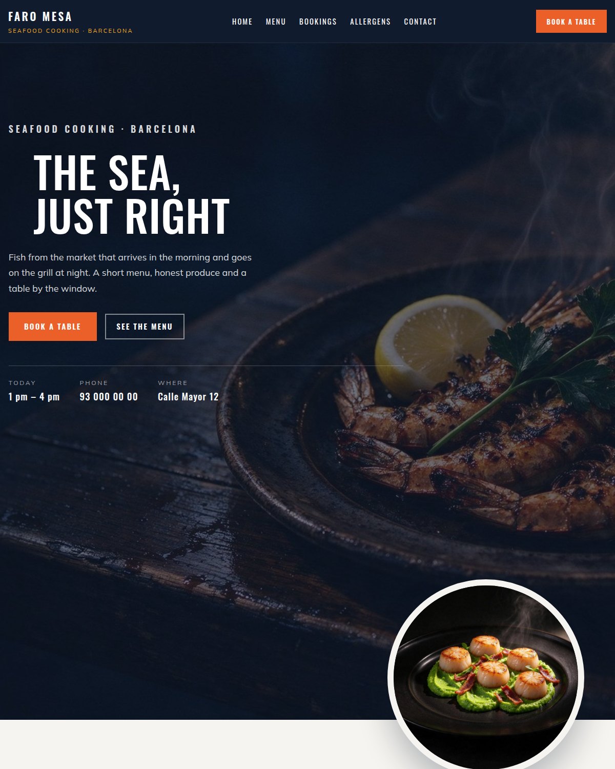 Faro Mesa's front page, with the dish of the day and the restaurant details