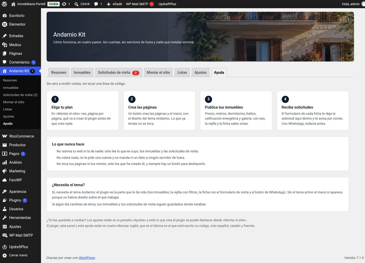 El apartado de la ayuda del plugin que explica que necesita el tema Andamio