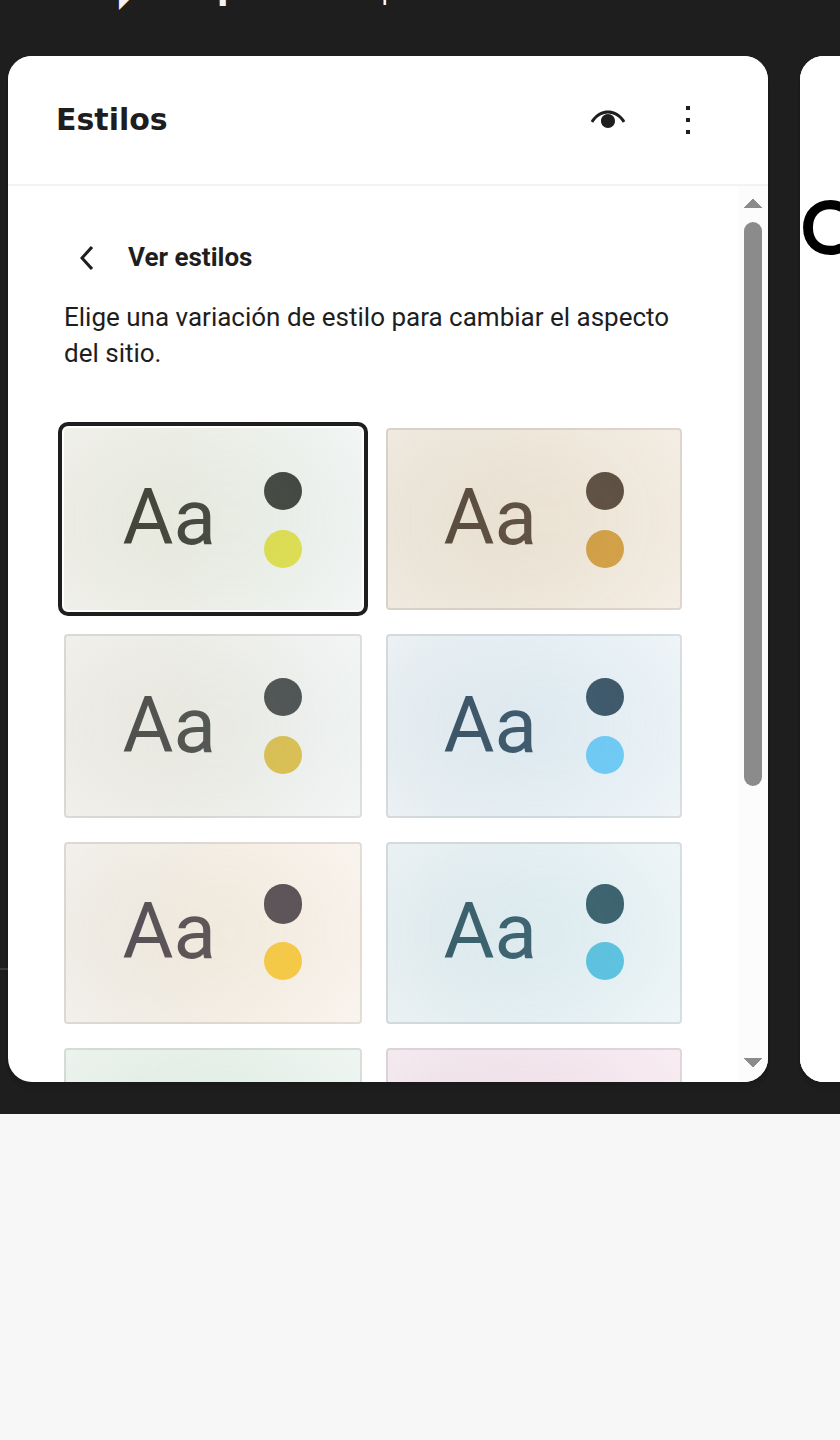 La lista de estilos del tema, con las ocho variaciones de oficio