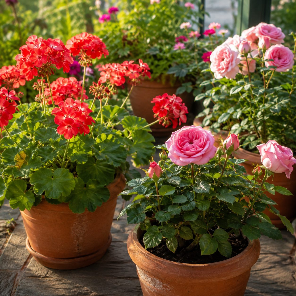 Plantas con flor en macetas de terracota