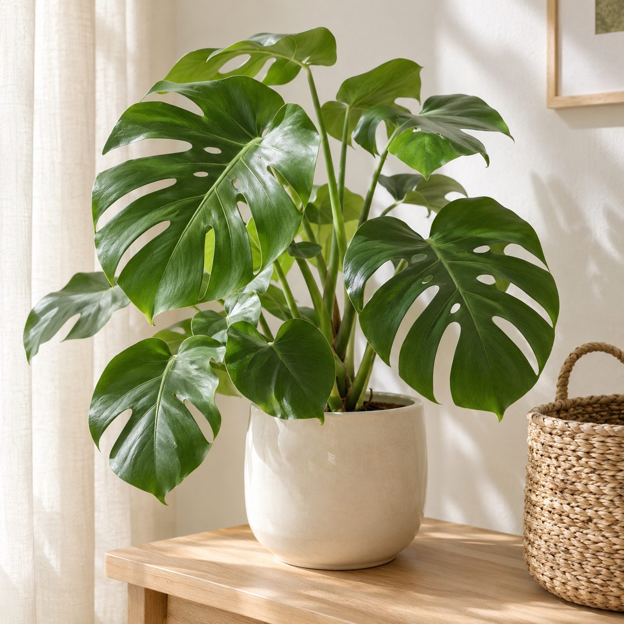 Una monstera en una maceta crema sobre una mesa de madera