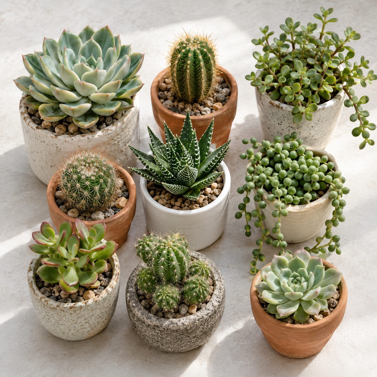 Suculentas y cactus pequeños en maceta