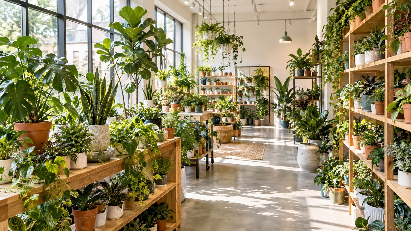 El invernadero del vivero, con las plantas en las estanterías y la luz de la mañana
