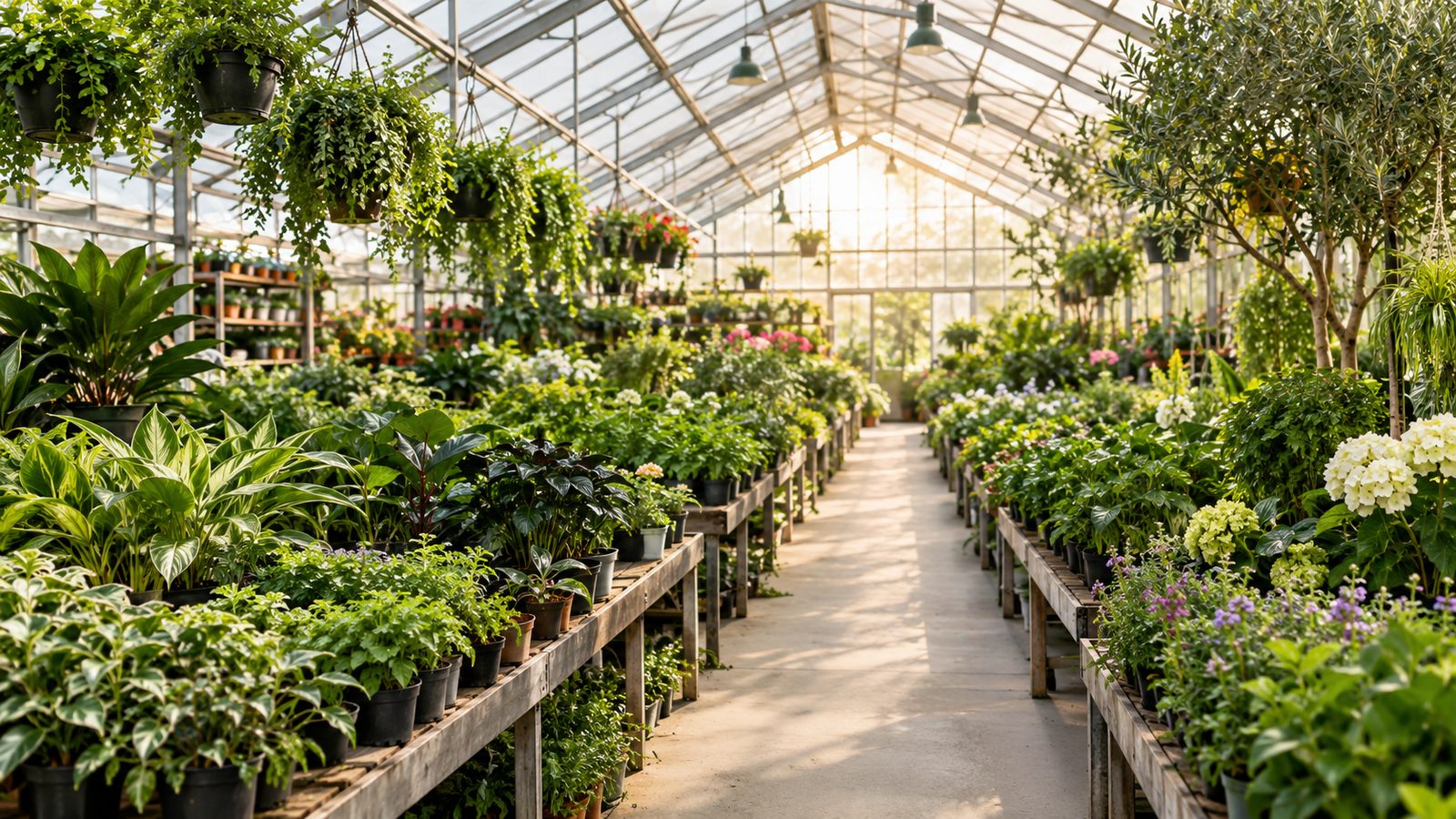 Long benches full of green plants inside the greenhouse