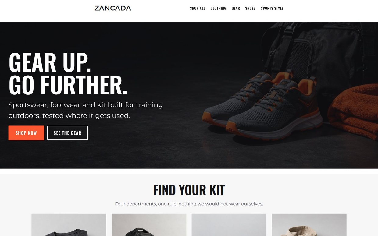La portada de Zancada: el titular sobre la foto, las cuatro categorías y el escaparate de productos