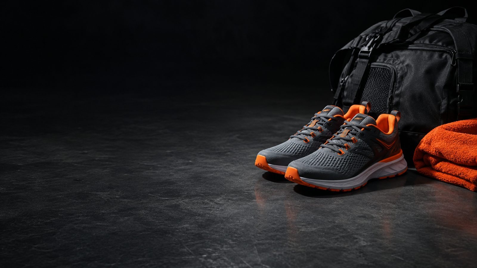 Zapatillas de trail, una mochila y una toalla sobre un suelo oscuro