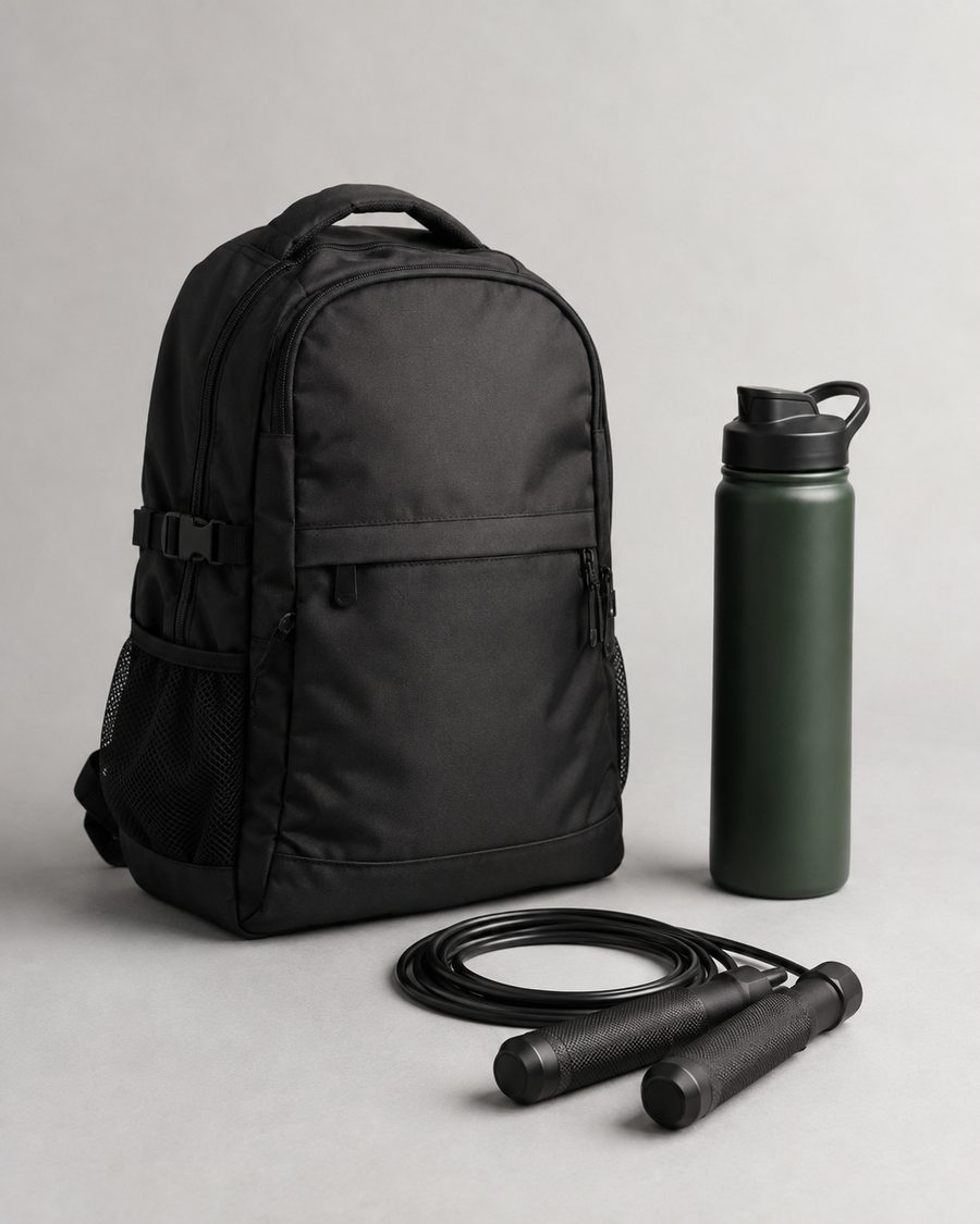 A gym bag, a bottle and a jump rope