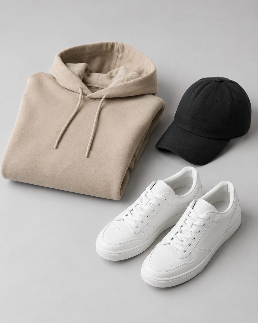 A hoodie, a cap and white trainers